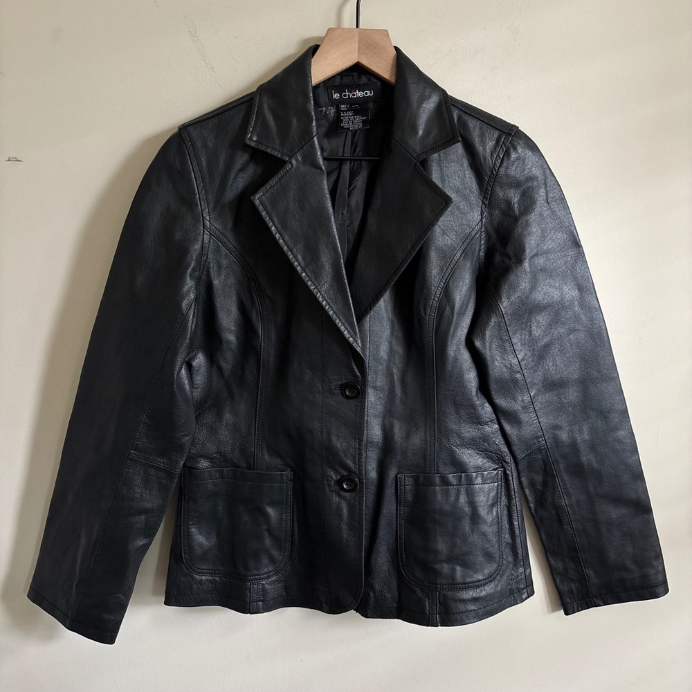 Le Chateau Black Leather Blazer Jacket Vintage 2 Button Pigskin Womens Medium